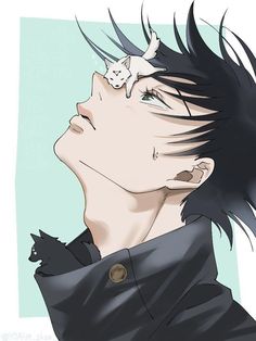 an anime character with black hair and cat on his head