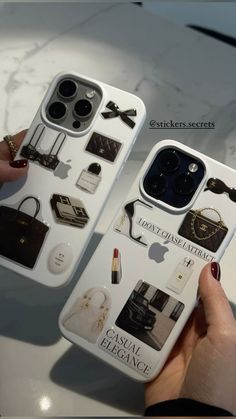 two white iphone cases with various items on them, one being held up by a woman's hand