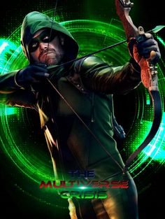 the green arrow character is holding a bow and looking at something in front of him