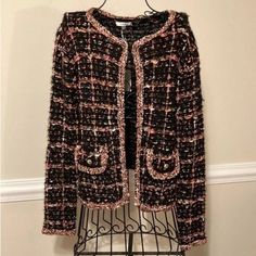 Multicolor Sioni Chanel-Style Long Sleeve Knit Cardigan Sweater -Pockets -Concealed Hook/Eye Closure Elegant Pink Knit Outerwear, Pink Fall Cardigan For Workwear, Pink Fall Cardigan For Work, Pink Knit Outerwear For Fall, Knit Tweed, Work Sweaters, Striped Shawl, Black And White Cardigans, Duster Cardigan Sweater