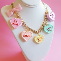 When you think of Valentine's Day, you have to think conversation hearts and I made these charms to look just like the real candies! Each conversation heart charm was handmade by me with great attention to detail from polymer clay. These are about 1" long each and are hand painted with classic sweet messages. Colors in Valentines Day Necklace, Erich Von Stroheim, Jewelry Kawaii, Vanellope Von Schweetz, Stylish School Bags, Pastel Candy, Conversation Heart, Miniature Food Jewelry, Candy Necklaces