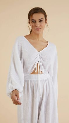 The Handloom Gaia Drawstring Crop Top - White The Handloom Crop Top Pajamas, Drawstring Crop Top, Diy Kimono, Black Palazzo Pants, Pant Suits, Pants Design, Summer Evening, White Crop Top, Wide Sleeves