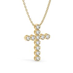 Experience the captivating allure of our exquisite 14k Gold Bezel Diamond Cross Pendant Necklace. Meticulously crafted with a seamless blend of elegance and spirituality, this breathtaking piece of fine jewelry is a true testament to exceptional craftsmanship. Whether worn for special occasions or given as a cherished gift, its timeless beauty will leave a lasting impression. Alternatively, choose from our options of natural, lab-grown diamonds or dazzling moissanites at three different price po Spiritual Diamond Cut Jewelry For Anniversary, Spiritual Yellow Gold Jewelry With Diamond Cut, Yellow Gold Cubic Zirconia Cross Pendant, Rose Gold Cross Pendant For Formal Occasions, Elegant Cross Pendant Jewelry For Anniversary, Spiritual 14k Gold Diamond Cut Necklace, Spiritual Diamond Cut Necklace For Anniversary, Elegant Rose Gold Cross Jewelry, Gold Cross Necklace With Prong Setting