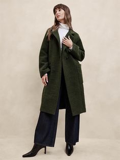 Knit Twill Coat | Banana Republic Factory Wool Winter Coats Women, Green Wool Coat Outfit, Stylish Winter Jackets Women, Wool Coat Outfit, Dark Green Coat, Long Green Coat, Green Winter Coat, Fall Coats, Twill Pattern