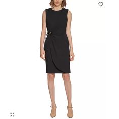 Calvin Klein Hints At Faux-Wrap Style With A Side-Gathered Waist On This Smart, Stylish Sheath Dress. * Approx. 38-3/4" Long From Center Back Neck To Hem. Length Is Based On Size 6 And Varies 1/4" Between Sizes * Tailored Fit Through The Chest, Waist, And Hips; Sits Close To The Body * Scuba Crepe: Stretchy And Supportive * Crewneck; Sheath Silhouette * Concealed Back Zipper Closure * Tie And Hook Detail At Side Of Waist * Unlined * Polyester/Spandex * Hand Wash * Imported Black Pencil Dress, Joseph Ribkoff Dresses, Cap Sleeve Dress, Professional Wardrobe, Business Casual Dresses, Black Sheath Dress, Joseph Ribkoff, Capped Sleeve Dress, Calvin Klein Woman