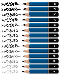 a set of pencils with different writing styles and numbers on the top one side