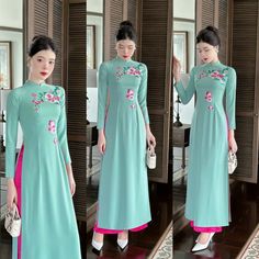 Colour: teal Material: silk Material characteristics: light, soft, lightly stretchable Layer: single layer Collar: traditional high collar Sleeves: long sleeves Style: traditional Vietnamese ao dai Pants: pink silk pants Pink Silk Pants, Vietnamese Ao Dai, Sleeves Style, Silk Pants, Silk Material, Clothing Sets, Pink Silk, Embroidered Silk, High Collar