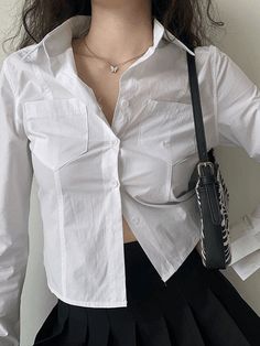 Button Down Casual Blouse Basic Long Sleeve Button Blouse - AnotherChill Crop Shirts For Women, Cropped White Shirt, Woman Streetwear, Women Korean Fashion, Y2k Skirt, White Shirts Women, Button Blouse, Button Up Long Sleeve, Basic Long Sleeve