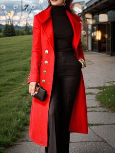 Olivia Mark - High-Quality Coat with Lapel Detailing and Classic Fit Winter Outfits With Red Coat, Red Peacoat Outfit, Red Coat Outfit Winter Classy, Red Coat Outfit Winter, Red Coat Outfit, Festive Christmas Outfit, Red Long Coat, Red Winter Coat, Winter Coat Outfits