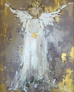 an angel painting with gold heart on it's chest and wings painted in white