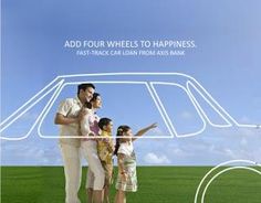 a family standing in front of a car with the words, add four wheels to happiness