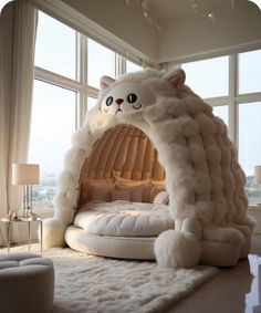 a cat bed in the middle of a living room with large windows and white rugs