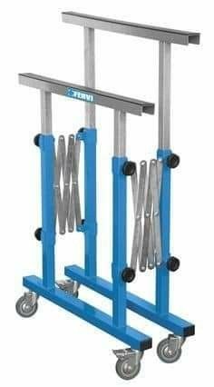 two blue dollys are attached to the back of a metal rack with wheels on each side