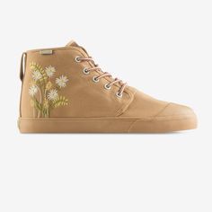 These flowery friends are sure to be the PERFECT partner for your next adventure! Inspired by the mountains of North... Whimsical Shoes, Adventure Shoes, Bangs Shoes, Sunrise Mountain, High Tops Sneakers, Mountain High, Unique Embroidery, Embroidered Canvas, Unique Canvas