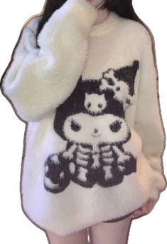 Kawaii Winter Sweater With Cartoon Print, Kawaii White Sweater For Winter, White Winter Cosplay Top, White Anime Print Top For Halloween, White Tops With Anime Print For Halloween, White Tops For Winter Cosplay, White Halloween Cosplay Top, White Top For Halloween Cosplay, Kuromi Sweater