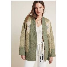 Condition- New With Tags Retail- $168.00 Brand- Anthropologie Color- Moss Green Size- Description- Our New Favorite, This Quilted Kimono Features A Patchwork Motif For A Cozy, Nostalgic Twist. Modal, Viscose Side Slant Pockets Removable Belt Open Front Machine Wash Spring Quilted Long Sleeve Jacket For Layering, Spring Casual Quilted Jacket For Layering, Spring Long Sleeve Quilted Jacket For Layering, Casual Spring Quilted Jacket For Layering, Green Patchwork Outerwear For Work, Chic Quilted Jacket For Spring Workwear, Spring Patchwork Outerwear For Work, Green Spring Outerwear For Layering, Green Quilted Workwear Jacket For Fall