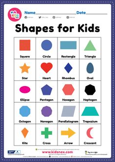 shapes for kids worksheet with the names and colors on it's page