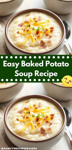 three bowls filled with baked potato soup and topped with cheese