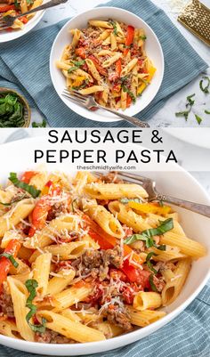 sausage and pepper pasta in a white bowl