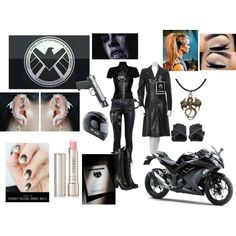 a woman in black outfit standing next to a motorcycle and other items including lipstick, eyeliner