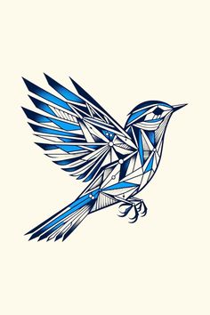 a drawing of a bird with blue and white lines on it's wings, flying in the air