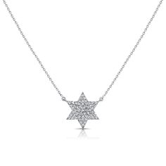 Elevate your elegance with this exquisite 14K Gold Star of David Necklace. Meticulously crafted from radiant 14K gold, this necklace features a stunning Star of David pendant, symbolizing faith and unity. The pendant is delicately embellished with sparkling diamonds totaling 0.19 carats, adding a touch of brilliance and sophistication. The elegant chain completes the piece, ensuring a refined and timeless look that’s perfect for any occasion. Whether worn as a daily emblem of personal significan Silver Diamond Star Of David Necklace, Silver Diamond Necklace In Star Of David Shape, Star-shaped Diamond White Necklace With Single Cut Diamonds, Formal White Gold Star Of David Necklace, Dazzling Star-shaped White Gold Necklace, Dazzling Star Shaped White Gold Necklace, Dazzling White Gold Star Necklace, Star-shaped Diamond Necklace With Single Cut Diamonds, Star Shaped Diamond Necklace With Single Cut Diamonds