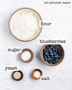 ingredients to make blueberry muffins laid out on a white surface with text