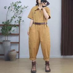 Comfortable, One of Kind. Jumpsuits online shop,|Street|100% Cotton|Solid Color|Full Length|Belt|Pullover|Loose|Female|Mustard|Black|Army Green|One Size|Summer|Hand Wash Casual Yellow Jumpsuits And Rompers For Work, Fall Jumpsuits And Rompers With Pockets And Short Sleeve, Trendy Short Sleeve Jumpsuits And Rompers For Fall, Casual Short Sleeve Overalls For Workwear, Casual Overalls For Workwear, Casual Workwear Overalls With Short Sleeves, Brown Short Sleeve Jumpsuits For Work, Cotton Short Sleeve Jumpsuits And Rompers For Fall, Short Sleeve Cotton Jumpsuits And Rompers For Fall