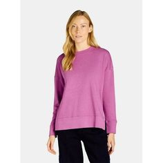 Time and Tru Women's Sweatshirt, Sizes XS - XXXL Color: Purple.  Gender: female.  Age Group: adult. Jeans Joggers, Tunic Tops Casual, Buttery Soft Leggings, Womens Crewneck, Soft Leggings, Vintage Vibe, Long Sleeve Tunic, Casual Pullover, High Low Hem