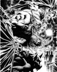 a black and white drawing of a demon attacking another demon in the air with his mouth open