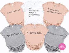 Cards Against Humanity Shirts, Bachelorette Bridesmaid Shirts, Bachelorette Bride Gift, Funny Bridal Party Shirts, Wedding Party Favors Shirts are Unisex IMPORTANT INFO - READ BELOW! >>HOW TO ORDER MULTIPLE TANKS<< 1. choose your color/ saying & size from drop down menus 2. click add to cart 3. click the listing in the cart (brings you back to order more) 4. select the remaining colors/sizes 5. add to cart 6. repeat steps above until you have all sizes/qty you need -------------- Fitted Crew Neck Shirt For Bachelorette Party, Fitted Summer Tops For Bridal Shower, Fitted Crew Neck Top For Wedding, White Fitted Shirt For Bachelorette Party, Fitted Pink T-shirt For Hen Party, Fitted Short Sleeve T-shirt For Hen Party, Pink Fitted T-shirt For Hen Party, Fitted Short Sleeve Tops For Hen Party, Cards Against Humanity Shirts