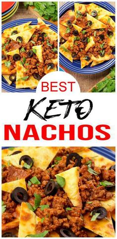 the best keto nachos recipe is shown in three different pictures with text overlay