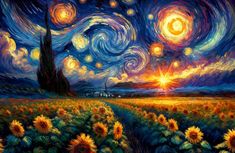 a painting of sunflowers and the night sky