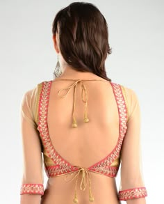 Beige Golden Brocade Blouse - Exclusively In Backless Blouse Designs Open Backs, Indian Clothes Women, Designer Indian Suits, Satin Outfits, Sari Blouses, Open Backs, Choli Blouse