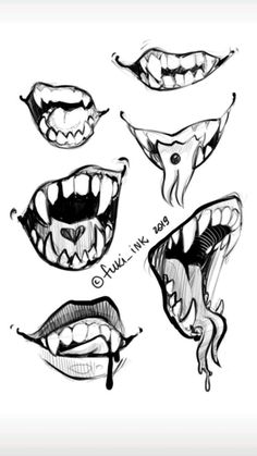 some mouths with teeth and fangs drawn in pencil on white paper, including the upper half of