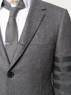 Shop Thom Browne flannel classic tonal 4-bar sport blazer with Express Delivery - FARFETCH Sport Blazer, Sports Blazer, Business Casual Men, Notched Collar, Thom Browne, Double Breasted Suit Jacket, Flap Pocket, Chest Pocket, Men's Blazer