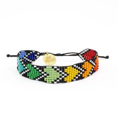 a multicolored beaded bracelet on a white background