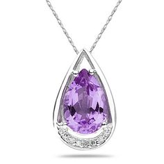 A stunning 12x8 mm pear shaped amethyst perfectly set with a dash of diamond sparkle. An exclusive piece of jewelry sure to be treasured forever.  7 round diamond weigh .05 carats in total, color J-K-L, clarity I2-I3. Gemstone weighs 3.65 ct and measures 12x8 mm. 10k white Gold setting weighs approximately 2.1 grams and hangs from an 18 inch rope chain also crafted in 10k white gold. Classic Pear-shaped Purple Jewelry, Classic Purple Pear-shaped Jewelry, Purple Pear-shaped Gemstone Jewelry, Fine Jewelry Purple Pear-shaped Jewelry, Purple Jewelry With Prong Setting In Pear Shape, Pretty Jewelry Necklaces, Great Tattoos, Necklace Design, White Gold Jewelry