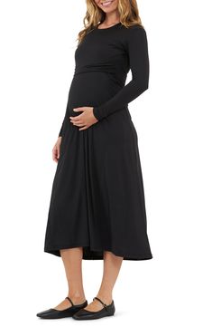 A great streamlined option for your next special event, this A-line midi dress features a layered bodice and a built-in nursing flap. Slips on over head Jewel neck Long sleeves Unlined 91% polyester, 9% elastane Hand wash, dry flat Imported Maternity Nursing Dress, Pre Pregnancy, Nursing Dress, Maternity Nursing, Long Sleeve Midi, Jewel Neck, Nordstrom Store, Anniversary Sale, Nordstrom Dresses