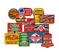 many different types of oil signs are shown in this image, including one for motor oil and the other for gasoline