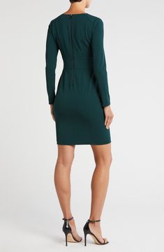 Layer and accessorize this smart sheath dress however you want for a look that easily switches from the 9-to-5 to after-hours-ready in seconds. 36" length Exposed back-zip closure V-neck Long sleeves Partially lined 96% polyester, 4% spandex Dry clean Imported Elegant Bodycon Dress With Invisible Zipper, Workwear Sheath Mini Dress, Elegant Long-sleeved Bodycon Dress With Zipper Closure, Elegant Long Sleeve Bodycon Dress With Zipper Closure, Elegant Long Sleeve Bodycon Dress With Zipper, Elegant Bodycon Mini Dress With Zipper Closure, Workwear Bodycon Dress With Back Zipper, Midi Length Bodycon Dress For Work With Back Zipper, Sheath Bodycon Dress With Back Zipper