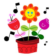 a flower in a pot with music notes around it