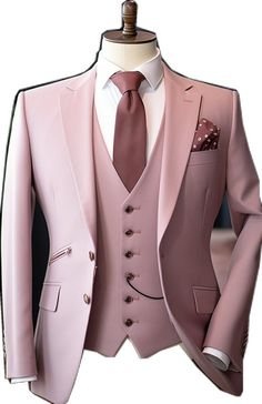 Elegant Pink Groom's Suit, Pink Three-piece Suit With Notch Lapel For Wedding, Elegant Pink Blazer For Groom, Pink Tailored Three-piece Suit For Wedding, Tailored Pink Suits For Groom, Tailored Pink Suit For Groom, Elegant Pink Three-piece Suit For Groom, Elegant Pink Blazer For Wedding, Elegant Pink Wedding Blazer