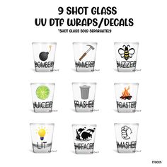 nine shot glasses with different types of logos on them, all labeled in black and white