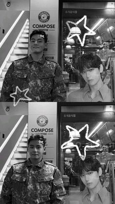 four photos of men in uniform and one is looking at the camera