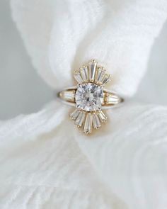 Art Deco inspired diamond vintage engagement rings with gold band and sunburst design Old Money Engagement, Cluster Engagement Rings, Diamond Cluster Engagement Ring