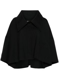 black wool blend gabardine weave pleat detailing to the rear oversized pointed collar concealed front button fastening drop shoulder batwing sleeves chest patch pocket high-low hem cropped Outfit Elegante, Winter Coat Outfits, Open Coat, Viktor Rolf, Viktor & Rolf, Airport Fashion, Coat Outfits, Fall Style, Batwing Sleeve