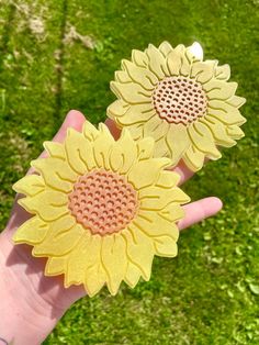 two yellow sunflowers are held in the palm of someone's hand on green grass