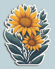 a sticker with yellow flowers and leaves in the center, on a gray background