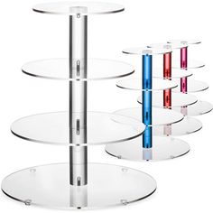 three tiered glass display stands with red, white and blue sections